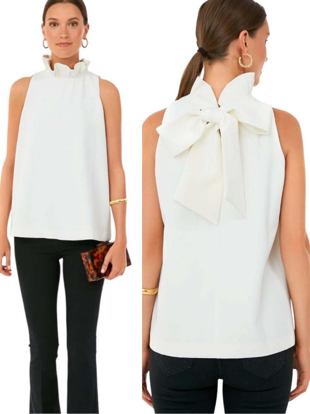 Tuckernuck Ivory Mason Ruffle Neck Bow Tie Sleeveless Top - M